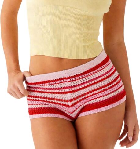 Women Crochet Micro Mini Shorts Y2k Low Waisted Knit Booty Shorts Color Block Striped Stretchy Short Bottoms in Saudi Arabia