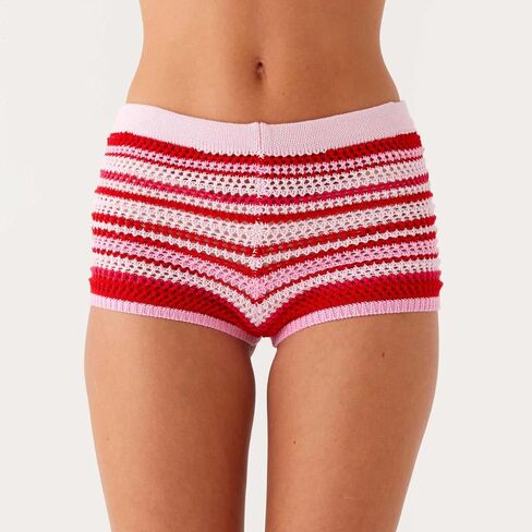 Women Crochet Micro Mini Shorts Y2k Low Waisted Knit Booty Shorts Color Block Striped Stretchy Short Bottoms in Saudi Arabia