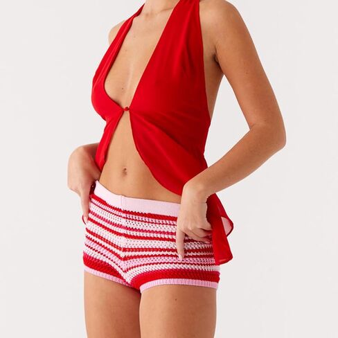 Women Crochet Micro Mini Shorts Y2k Low Waisted Knit Booty Shorts Color Block Striped Stretchy Short Bottoms in Saudi Arabia