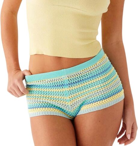 Women Crochet Micro Mini Shorts Y2k Low Waisted Knit Booty Shorts Color Block Striped Stretchy Short Bottoms in Saudi Arabia
