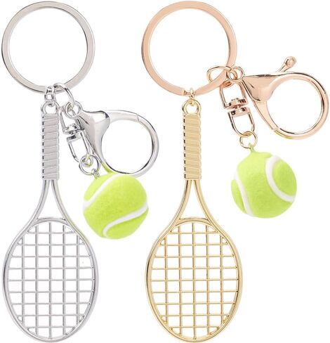 1 Box 2Pcs Tennis Bag Charm Mini Tennis Ball Keychain Sports Fan Key Chains Alloy Gold Silver Racket Hanging Metal Pendants Keyrings Charms for Purse Men Backpack Bag Lanyards Decorations in Saudi Arabia
