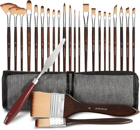 Bowitzki 25pcs Paint Brush Set,Professional Artist Paintbrush kit with Flat, Filbert, Fan, Dagger, Cat Tongue, Round, Angle, Spatula,Rigger for Oil, Acrylic Canvas Paintings, Body Face Painting in Kuwait