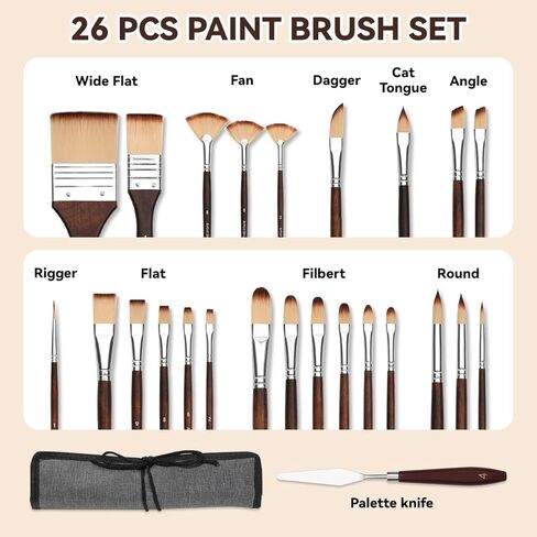 Bowitzki 25pcs Paint Brush Set,Professional Artist Paintbrush kit with Flat, Filbert, Fan, Dagger, Cat Tongue, Round, Angle, Spatula,Rigger for Oil, Acrylic Canvas Paintings, Body Face Painting in Kuwait
