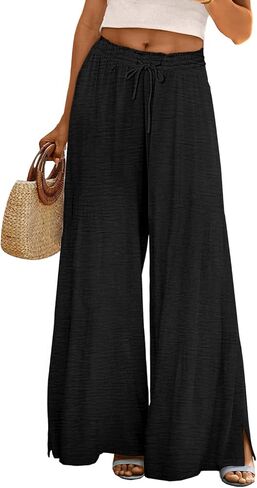 YESNO Women Summer Flowy Wide Leg Pants Drawstring Elastic Waist Casual Lounge Beach Palazzo Trouser with Pockets PPR in Kuwait