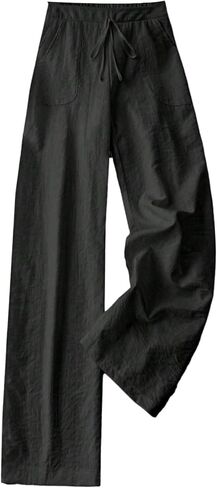 Milumia Women's Wide Leg Linen Palazzo Pants Elastic Low Rise Casual Long Trousers with Pockets in Saudi Arabia