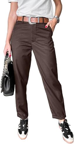 Women's Casual Dress Pants Striped High Waisted Cuffed Ankle Pants Straight Loose Business Work Trouser in Kuwait