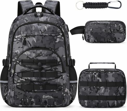 حقائب ظهر مدرسية للأولاد - 4 قطع حقائب ظهر مموهة للأولاد مع مجموعة صندوق غداء للأطفال والمراهقين في المدرسة المتوسطة الابتدائية، حقيبة كتب للطلاب ذات سعة كبيرة 18 بوصة، مثالية للسفر in Kuwait