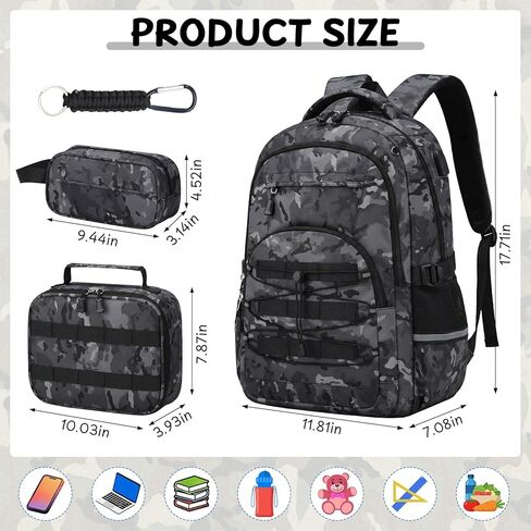 School Backpacks for Boys - 4pcs Camo Boys Backpacks with Lunch Box Set for Kids Teens Elementary Middle School, 18″ Large Capacity Students Bookbag, Perfect for Travel in Saudi Arabia