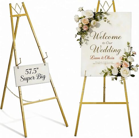 حامل حامل ذهبي GRENTY مقاس 57.5 بوصة لعلامة الزفاف، حامل عرض معدني شديد التحمل، حامل قابل للتعديل بارتفاع 4 طبقات للفن واللوحات وعلامات الترحيب والملصقات والديكور، يتطلب التجميع ببساطة in Kuwait
