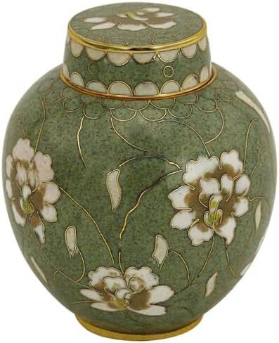 جرة حرق الجثث التذكارية من Pear Blossom Cloisonné - جرة تذكارية معدنية مصنوعة يدويًا للرماد، تصميم زهور بالمينا الخضراء، حجم تذكار صغير، سعة 7 cu/in in Saudi Arabia