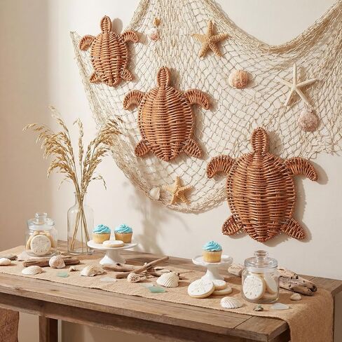 Cinnvoice 3 Pcs Summer Rattan Wicker Wall Decor 3 Size Handmade Turtle Wall Art Decor Beach Coastal Boho Ornament for Home Bathroom Living Room Indoor Outdoor in Saudi Arabia