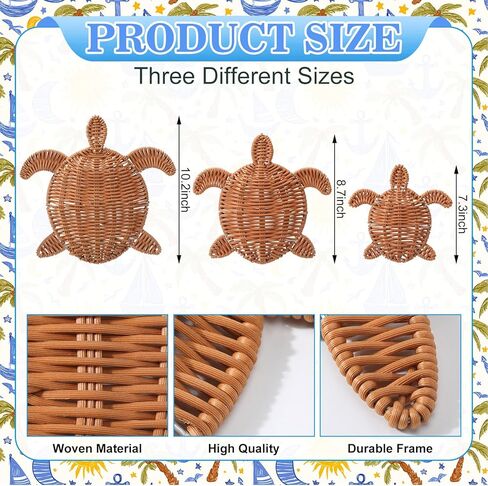 Cinnvoice 3 Pcs Summer Rattan Wicker Wall Decor 3 Size Handmade Turtle Wall Art Decor Beach Coastal Boho Ornament for Home Bathroom Living Room Indoor Outdoor in Saudi Arabia