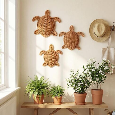 Cinnvoice 3 Pcs Summer Rattan Wicker Wall Decor 3 Size Handmade Turtle Wall Art Decor Beach Coastal Boho Ornament for Home Bathroom Living Room Indoor Outdoor in Saudi Arabia