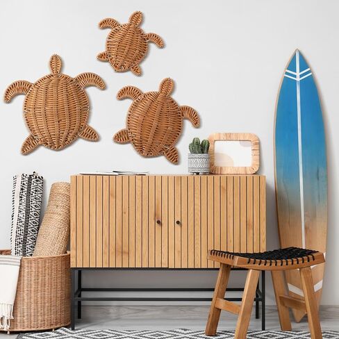 Cinnvoice 3 Pcs Summer Rattan Wicker Wall Decor 3 Size Handmade Turtle Wall Art Decor Beach Coastal Boho Ornament for Home Bathroom Living Room Indoor Outdoor in Saudi Arabia