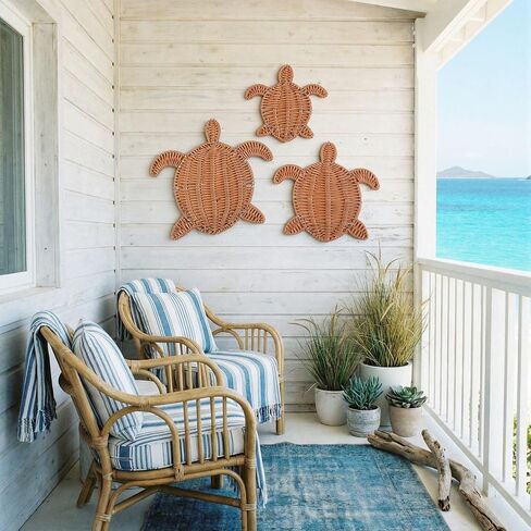 Cinnvoice 3 Pcs Summer Rattan Wicker Wall Decor 3 Size Handmade Turtle Wall Art Decor Beach Coastal Boho Ornament for Home Bathroom Living Room Indoor Outdoor in Saudi Arabia