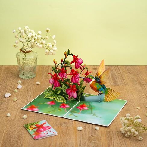Humming Bird Pop Up Card, Fuchsia, 3D Popup Greeting Cards, Gift For Birthday, Mothers Day, Anniversary, Valentines, Thinking Of You, Thank You, 5x7 - Includes Envelope And Message Note in Saudi Arabia