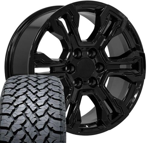إطارات وإطارات OE Wheels CV65 مقاس 20 بوصة تناسب Silverado 1500 ZR2 Style 6x139.7 20x9 أسود لامع - هولاندر 14089 - TS-37 AT 275/55-20 (مجموعة من 4) in Saudi Arabia