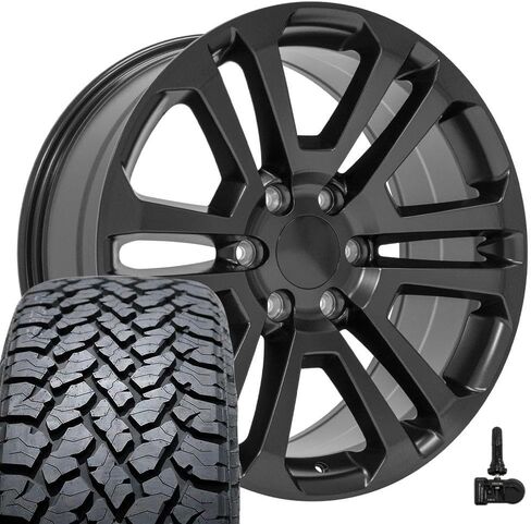 OE Wheels CV99 20 Inch Rims and Tires Fit Sierra 1500 Style 6x139.7 20x9 Satin Black - Hollander 4741 - TS-37 AT 275/55-20 (Set of 4) in Saudi Arabia