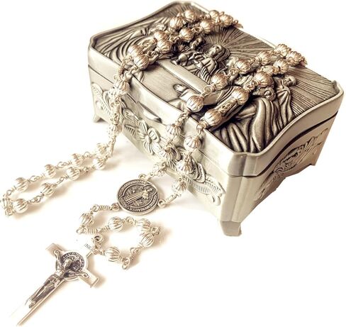 elegantmedical handmade sterling 925 silver beads mens womens rosary St.Benedict crucifix cross gift necklace box case in Saudi Arabia