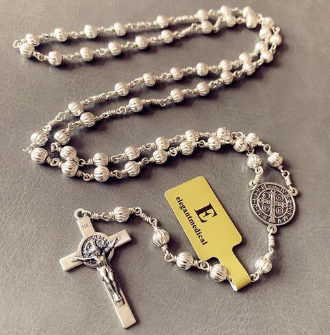 elegantmedical handmade sterling 925 silver beads mens womens rosary St.Benedict crucifix cross gift necklace box case in Saudi Arabia