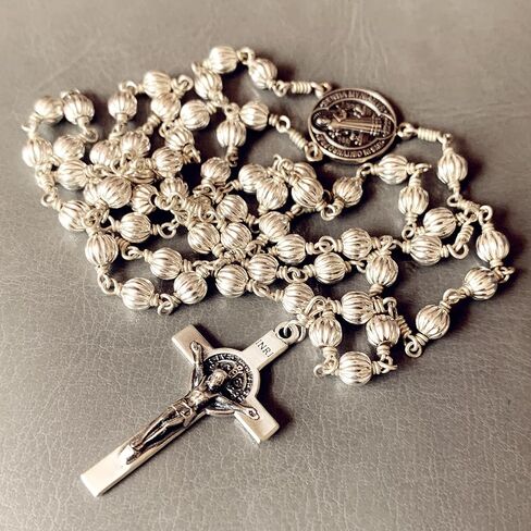 elegantmedical handmade sterling 925 silver beads mens womens rosary St.Benedict crucifix cross gift necklace box case in Saudi Arabia