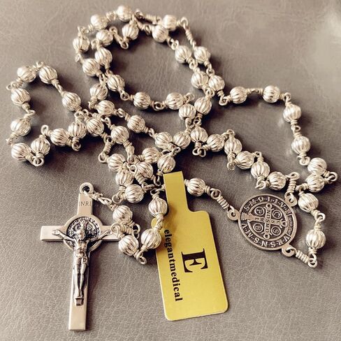 elegantmedical handmade sterling 925 silver beads mens womens rosary St.Benedict crucifix cross gift necklace box case in Saudi Arabia