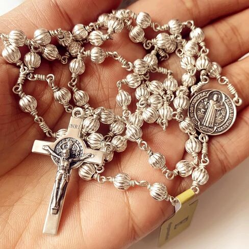 elegantmedical handmade sterling 925 silver beads mens womens rosary St.Benedict crucifix cross gift necklace box case in Saudi Arabia