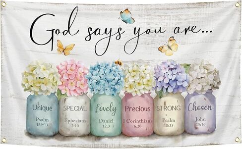 God Says You Are Tapestry 3x5 Ft Funny Tapestry Inspirational Bible Verse Wall Art Flowers in Mason Jar Christian Gifts for Women Girl Room Aesthetic Decor in Saudi Arabia
