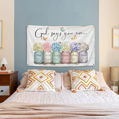God Says You Are Tapestry 3x5 Ft Funny Tapestry Inspirational Bible Verse Wall Art Flowers in Mason Jar Christian Gifts for Women Girl Room Aesthetic Decor in Saudi Arabia