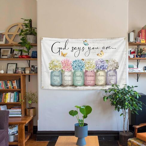 God Says You Are Tapestry 3x5 Ft Funny Tapestry Inspirational Bible Verse Wall Art Flowers in Mason Jar Christian Gifts for Women Girl Room Aesthetic Decor in Saudi Arabia