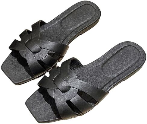 Women's Flat Sandals Square Toe Soft Leather Slides Sandals in Saudi Arabia
