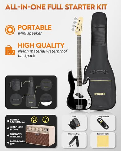 STRICH Electric Bass Guitar 4 Strings Full-Size Beginner Kit, PB-Style Standard Bass for Starter with 20w Amp, Bag, Tuner, Strap, Cable, SPB-S10 Sunburst in Kuwait