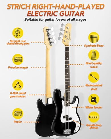 STRICH Electric Bass Guitar 4 Strings Full-Size Beginner Kit, PB-Style Standard Bass for Starter with 20w Amp, Bag, Tuner, Strap, Cable, SPB-S10 Sunburst in Kuwait
