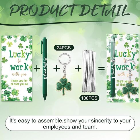 JarThenaAMCS 72 قطعة هدايا تقدير عيد القديس باتريك، أقلام حبر جاف باللون الأخضر مع سلاسل مفاتيح شامروك البرسيم اللامعة مع بطاقات شكر للموظف وزميل العمل في العطلة الأيرلندية in Kuwait