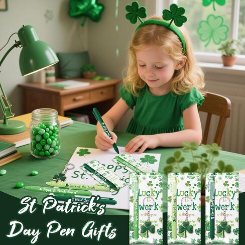 JarThenaAMCS 72 قطعة هدايا تقدير عيد القديس باتريك، أقلام حبر جاف باللون الأخضر مع سلاسل مفاتيح شامروك البرسيم اللامعة مع بطاقات شكر للموظف وزميل العمل في العطلة الأيرلندية in Kuwait