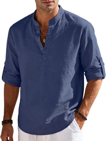 Men's Cotton Linen Henley Shirts Long Sleeve Banded Casual Beach T Shirt Lightweight for Summer in Kuwait