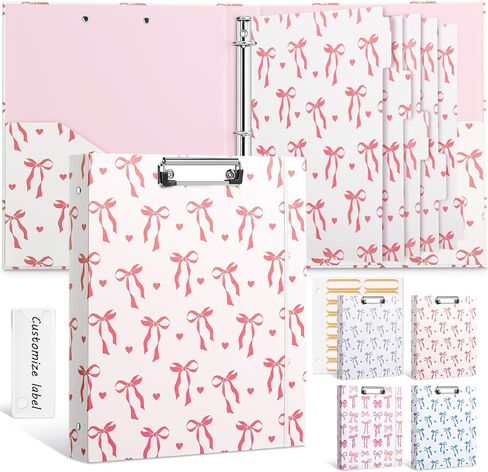 Colarr 3 Ring 1 Inch Pink Bow Binder with 2 Pockets Assorted Cute Bow Clipboard Binder Organizer for Letter Size 8.5" x 11" 5 PVC Index Dividers with Tabs 18 Label Stickers Office Supplies in Saudi Arabia