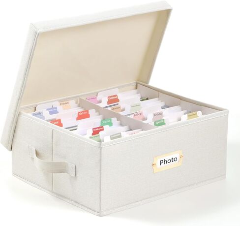 Aokeyee 2PC Photo Storage Box - Decorative Linen Memory Organizer for 4x6 Pictures, Keepsake Box with Dividers & Labels, Holds 1700+ Photos in Saudi Arabia