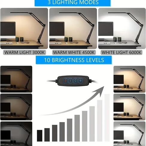 HDView LED Desk Lamp with Eye-Caring 3 Modes 10 Brightness, Adjustable Swing Arm Long Flexible Lamp for Office Workers and Students, USB Port in Kuwait