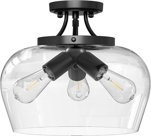 VONLUCE Semi Flush Mount Ceiling Light, 13.8" Ceiling Light Fixture with Clear Glass Shade, E26 Base, 3-Bulb Industrial Lighting Fixture for Hallway Entryway Bedroom, Matte Black, ETL Certificated in Kuwait