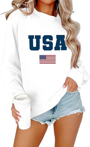 المرأة الولايات المتحدة الأمريكية البلوز Crewneck العلم الأمريكي سترة طويلة الأكمام الولايات المتحدة الأمريكية قميص البلوز 4th من يوليو تي شيرت وتتسابق in Kuwait