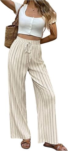 MakeMeChic Women's Striped Linen Pants High Waist Tie Front Drawstring Palazzo Pant Trousers in Kuwait