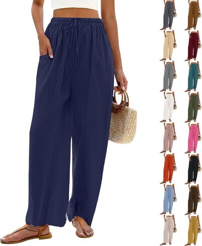 Wide Leg Linen Pants for Women Drawstring Cotton Linen Elastic Waist Vacation Palazzo Flowy Pants with Pockets in Saudi Arabia