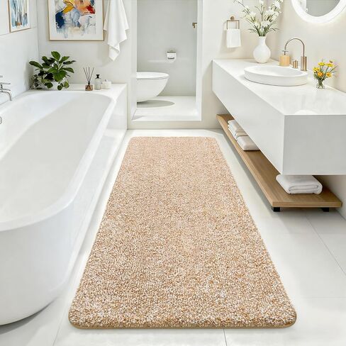 سجاد حمام ISEAU بمقاس 24 × 60، سجادة حمام كبيرة من الألياف الدقيقة فائقة الامتصاص، سجادة دش طويلة غير قابلة للانزلاق مع دعامة من المطاط اللدن حراريًا، سجادة حمام قطيفة سميكة قابلة للغسل في الغسالة للحمامات، جملي فاتح/أبيض in Kuwait