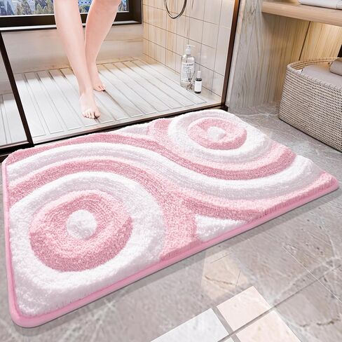سجاد حمام لطيف وردي وأبيض من QJHOMO، سجادة حمام غير قابلة للانزلاق، ديكور حمام جمالي حديث، سجادة حمام مخططة هندسية، سجادة أرضية منفوشة، سجادة سميكة من الألياف الدقيقة قابلة للغسل في الغسالة (18 × 26 بوصة) in Kuwait