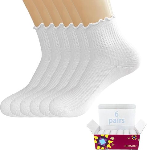 BIOAUM Ruffle Socks Woman, 6 Pairs Cute Cotton Socks for Women, Frilly Womens Ankle Socks, Soft Breathable Fit, Size 5–9 in Kuwait