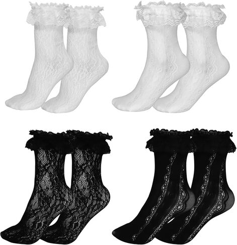 4 أزواج من الجوارب النسائية الدانتيل للكاحل، جوارب شبكية مثيرة من الدانتيل، جوارب لوليتا للنساء من الدانتيل المكشكش لجميع أنواع الحفلات وحفلات الشاي تتماشى مع جميع أنواع الأحذية in Kuwait