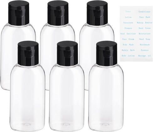 زجاجات السفر لمستحضرات التجميل، حاويات الضغط الفارغة الخالية من مادة BPA، 6 عبوات من زجاجات الضغط القابلة لإعادة الملء بوزن 1.69 أونصة، حاويات شامبو بلاستيكية صغيرة مقاومة للتسرب مع ملصقات in Kuwait
