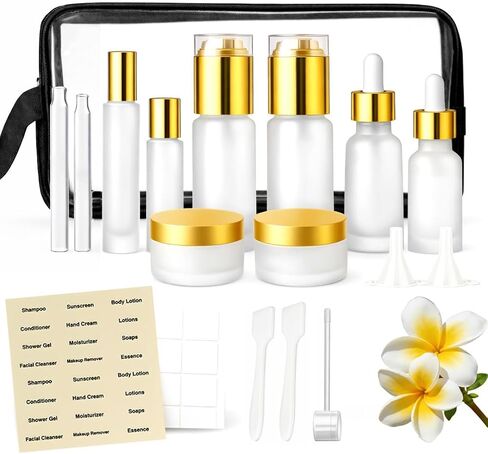 18Pack Glass Travel Bottles for Toiletries, TSA Approved Glass Travel Containers 1.35/0.7/1 oz Silver Small Travel Bottles with Label, BPA Free Leak Proof with Pump Spray Bottles for Makeup, Skincare in Saudi Arabia