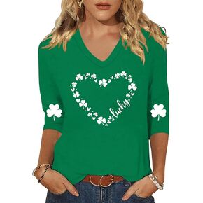 قميص نسائي لعيد القديس باتريك قمصان أيرلندية تي شيرت لاكي شامروك تي شيرت سانت باتي برقبة على شكل V 3/4 كم هدية تي شيرت in Kuwait